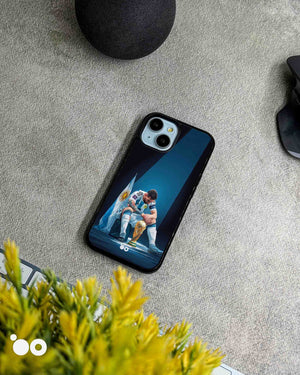 Lionel Messi After Glory iPhone case featuring Messi seated beside the World Cup trophy with Argentina flag and blue spotlight