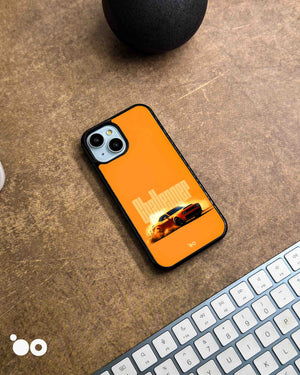Orange Fury iPhone case featuring an orange Dodge Challenger muscle car, smoky burnout and bold Challenger typography