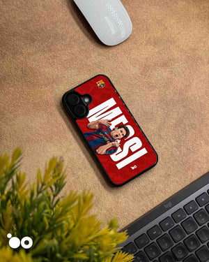 Lionel Messi Barcelona 10 iPhone case with red background, bold white typography and illustrated shirt-pull celebration