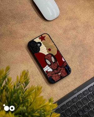 Webbed Classic Spider-Man iPhone case featuring retro comic artwork, bold red graphics and vintage paper textures