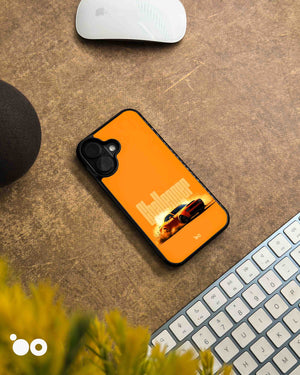 Orange Fury iPhone case featuring an orange Dodge Challenger muscle car, smoky burnout and bold Challenger typography