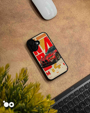 BMW M4 GT3 Redline designer iPhone case featuring a red and black BMW M4 GT3 race car with bold motorsport graphics.