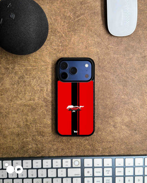 Scarlet Stallion iPhone case featuring a red Ford Mustang, white pony silhouette and black racing stripes.