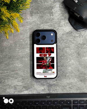 Ronaldo European Legacy iPhone case featuring Cristiano Ronaldo holding the Champions League trophy in a red CR7 collage