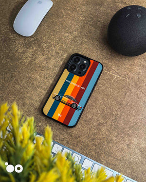 Heritage Stripe Porsche iPhone case featuring a classic 911 sports car, retro multicolour vertical stripes and Porsche lettering.
