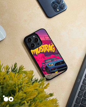 Smoke Rush iPhone case featuring a blue Ford Mustang, vibrant pink smoke and distressed yellow Mustang typography