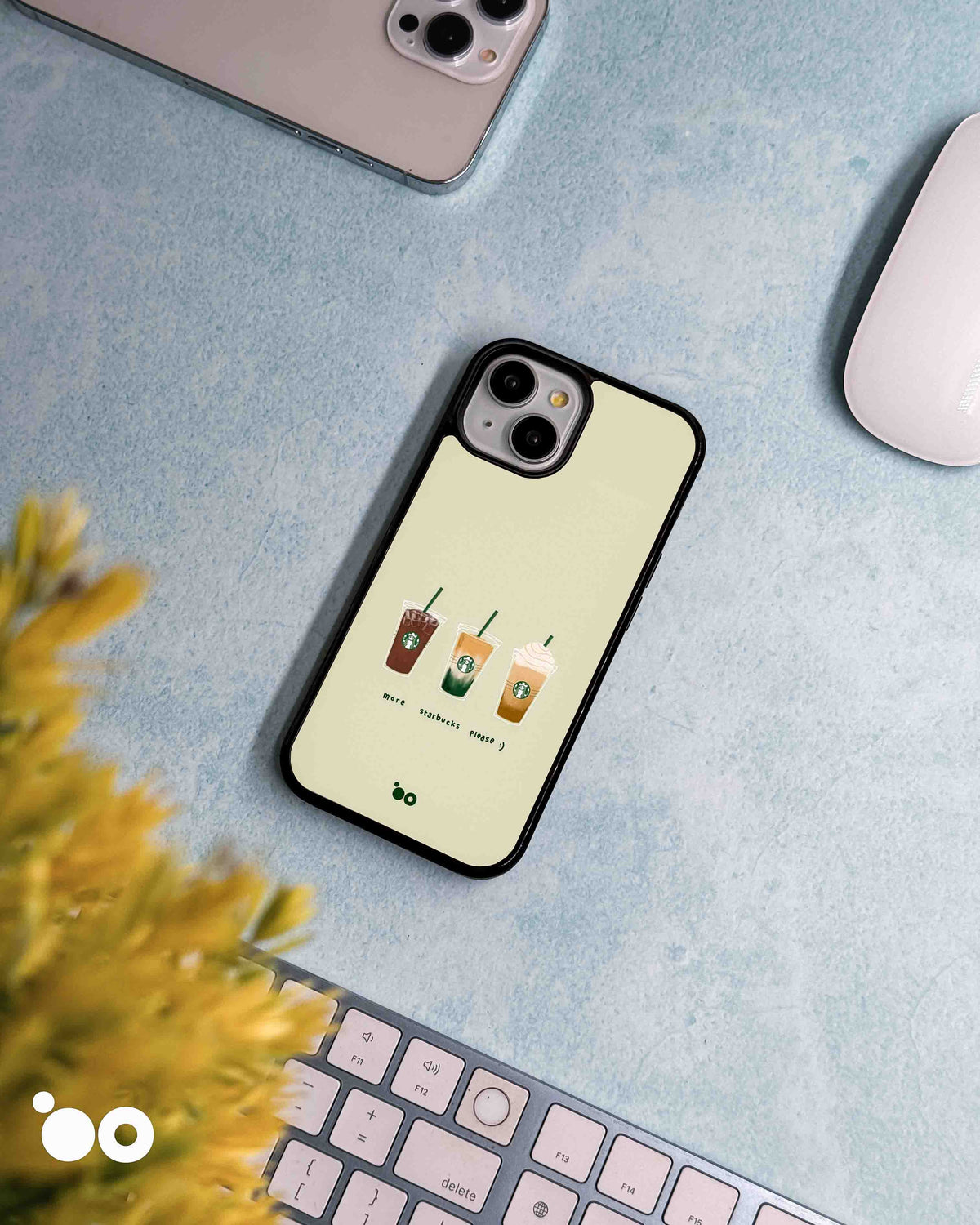 More Coffee Please iPhone case artwork with three illustrated Starbucks iced drinks and handwritten text on sage green