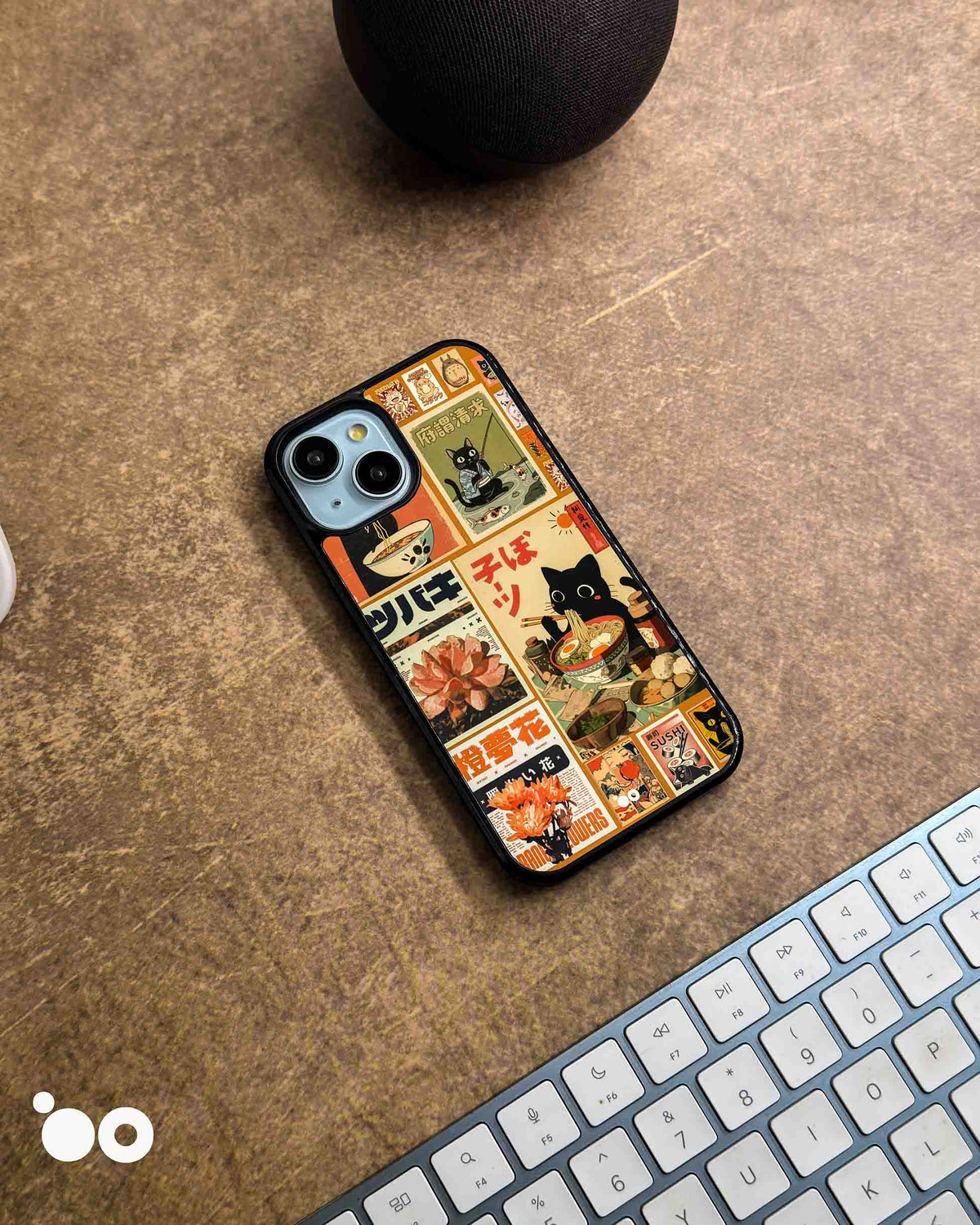 Neko Ramen Club designer iPhone case featuring Japanese black cat ramen art, sushi, orange flowers and retro posters.
