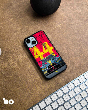 BMW M4 GT3-44 designer iPhone case featuring a front-view BMW M4 GT3 race car with bold yellow 44 graphics on red.