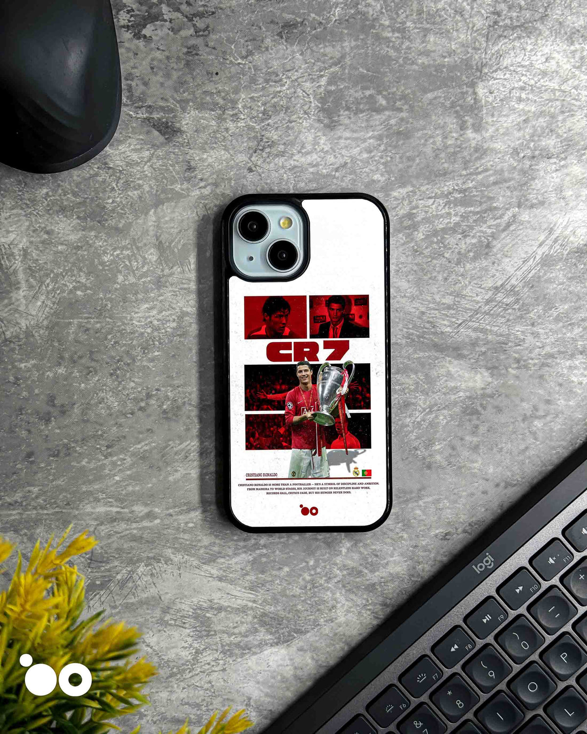 Ronaldo European Legacy iPhone case featuring Cristiano Ronaldo holding the Champions League trophy in a red CR7 collage