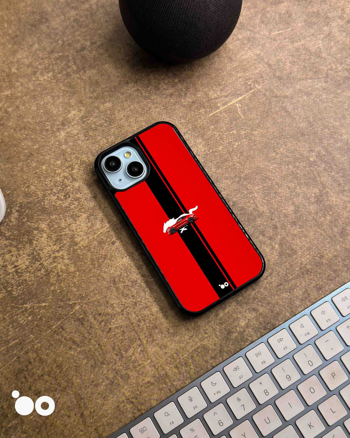 Scarlet Stallion iPhone case featuring a red Ford Mustang, white pony silhouette and black racing stripes. 