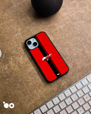 Scarlet Stallion iPhone case featuring a red Ford Mustang, white pony silhouette and black racing stripes. 