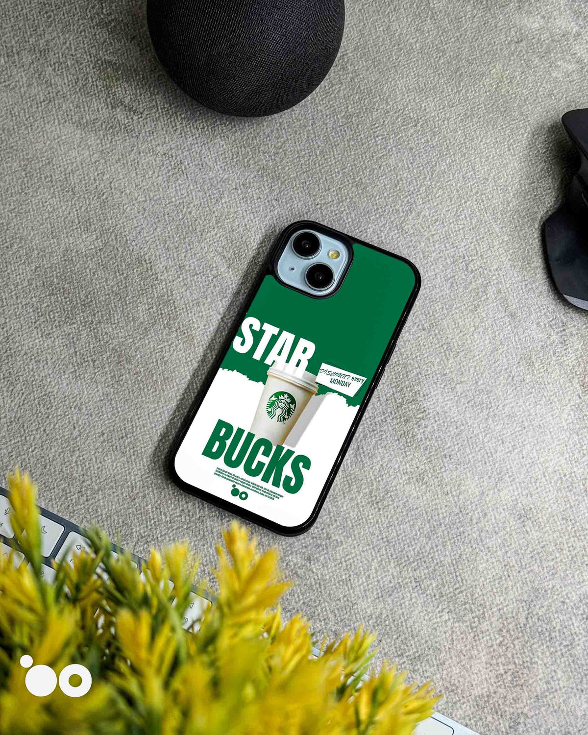 Coffee Break iPhone case design with Starbucks takeaway cup, bold green and white typography and torn-paper graphics
