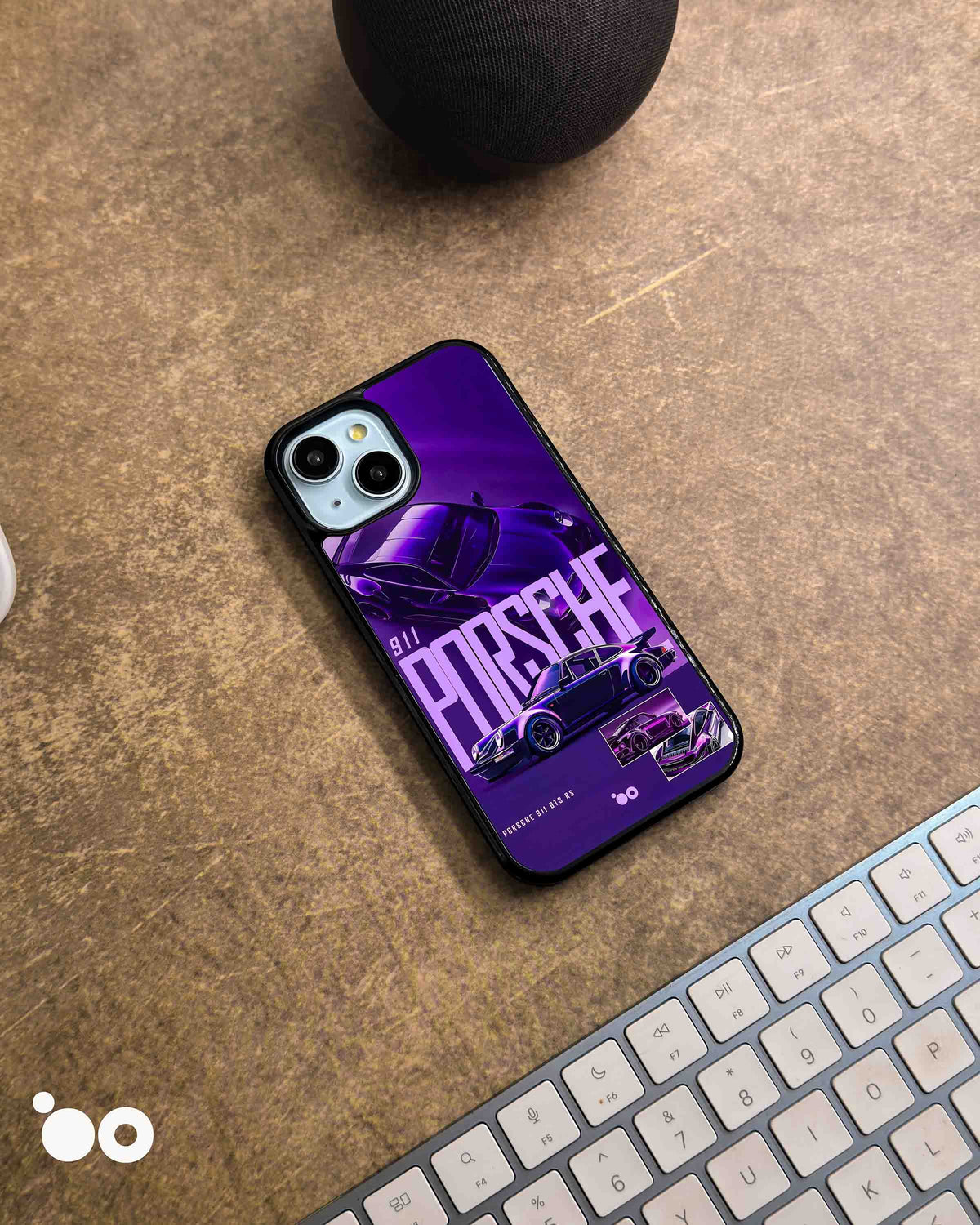 Porsche Purple iPhone case featuring a Porsche 911 GT3 RS in a deep purple automotive collage with oversized Porsche typography, layered sports car imagery and violet racing graphics.