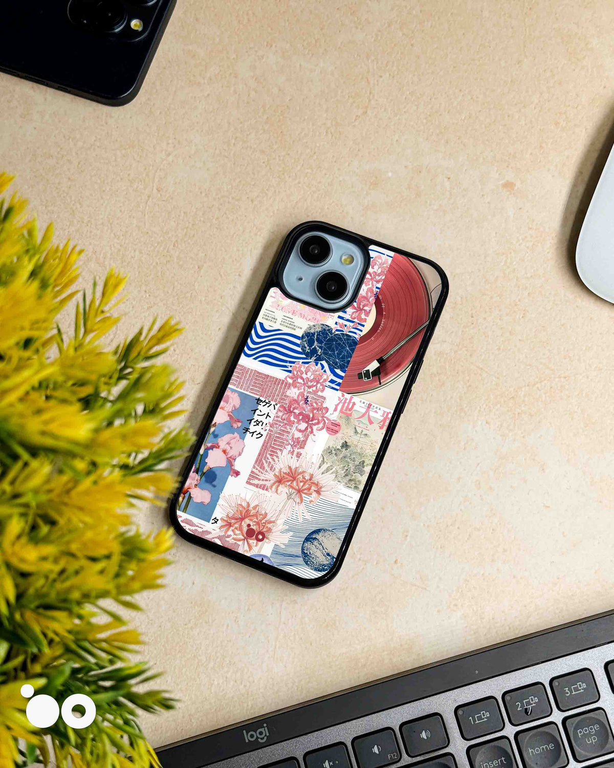 Sakura Frequency designer iPhone case featuring pink Japanese florals, vintage vinyl record, blue waves and retro typography.