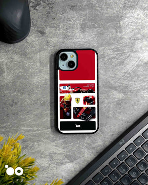 Hamilton in Red iPhone case featuring Lewis Hamilton in Ferrari racing gear, F1 car artwork and red racing collage