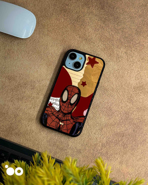 Webbed Classic Spider-Man iPhone case featuring retro comic artwork, bold red graphics and vintage paper textures