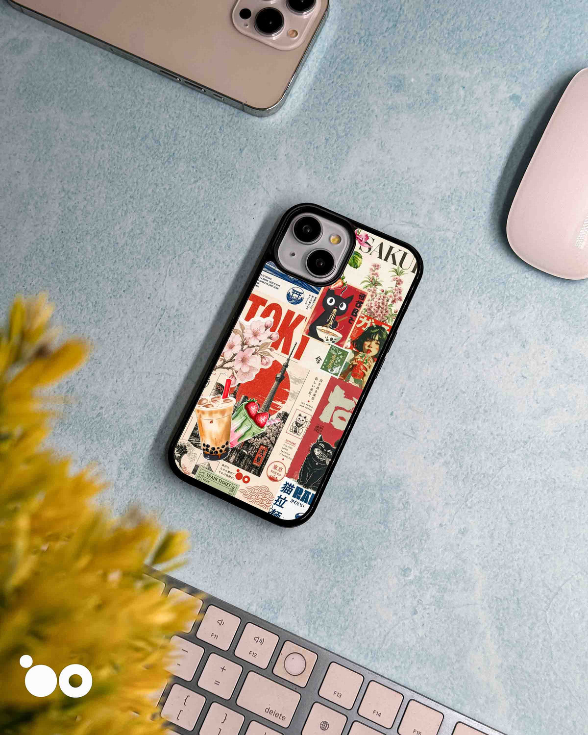 Tokyo Aftertaste designer iPhone case with Japanese street art collage, cherry blossoms, black cats and bubble tea.