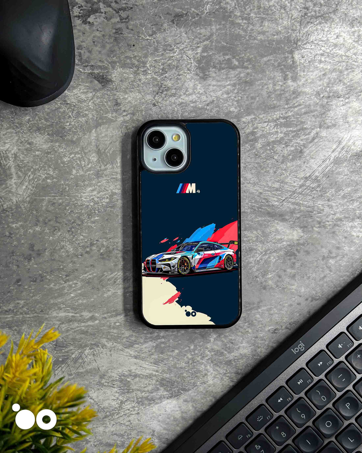 BMW M4 GT3 iPhone case featuring a motorsport race car with blue, red and white racing livery on a deep navy background.