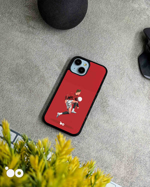 Cristiano Ronaldo Red Motion iPhone case featuring minimalist football artwork of CR7 in action on a red background