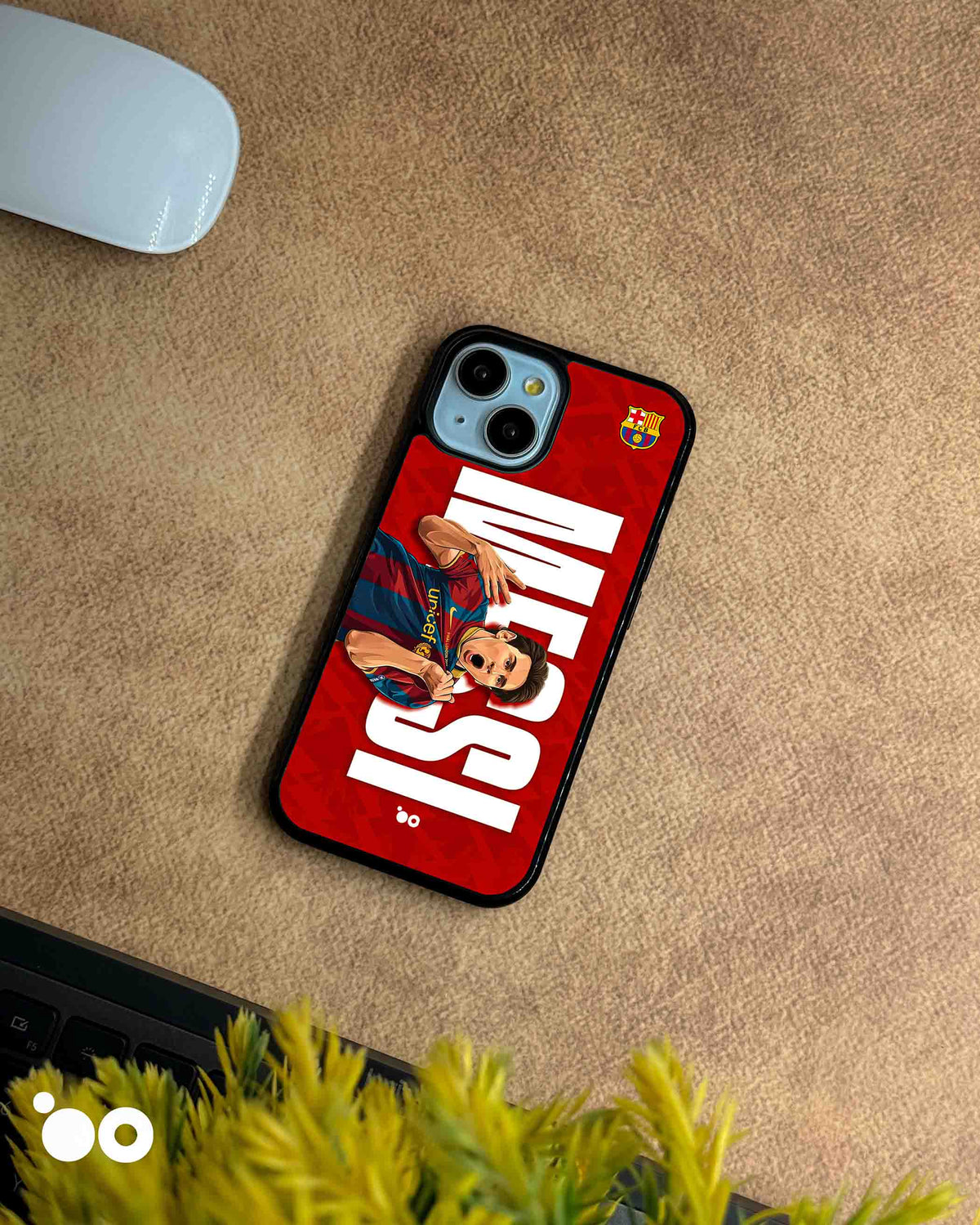 Lionel Messi Barcelona 10 iPhone case with red background, bold white typography and illustrated shirt-pull celebration