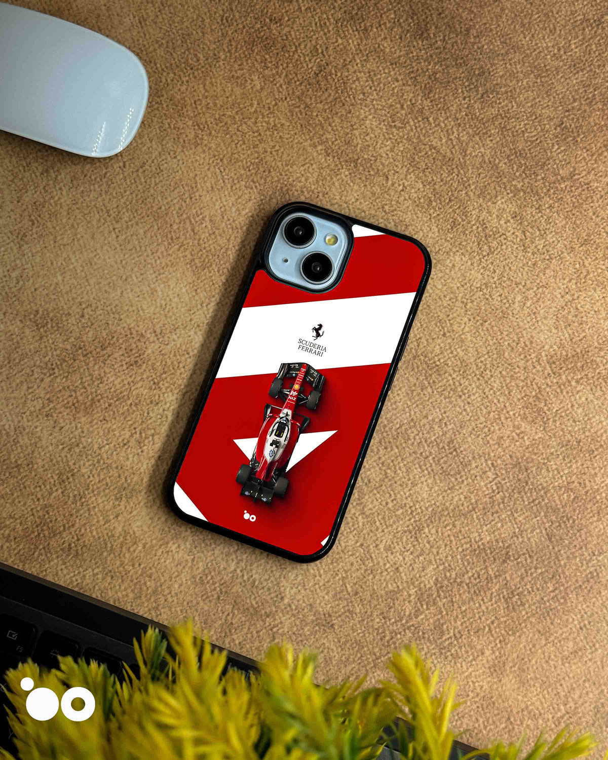 Scuderia Ferrari Racing iPhone case featuring a top-view Ferrari Formula 1 car, prancing horse logo and red-white graphics
