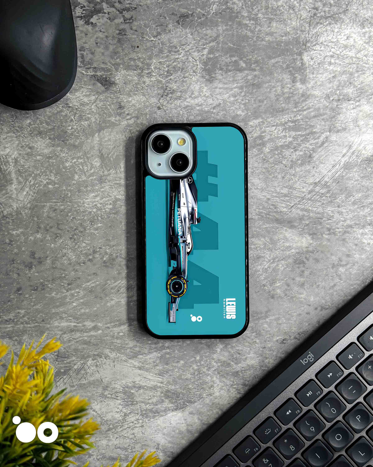 Lewis Hamilton Mercedes Formula One iPhone case featuring a silver Mercedes-AMG Petronas F1 car, number 44 and turquoise racing graphics.