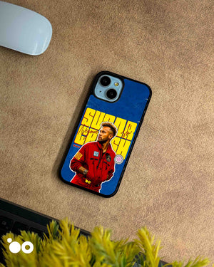 Neymar Sugar Crush iPhone case featuring Neymar Jr in a red PSG outfit with bold yellow typography on a blue background