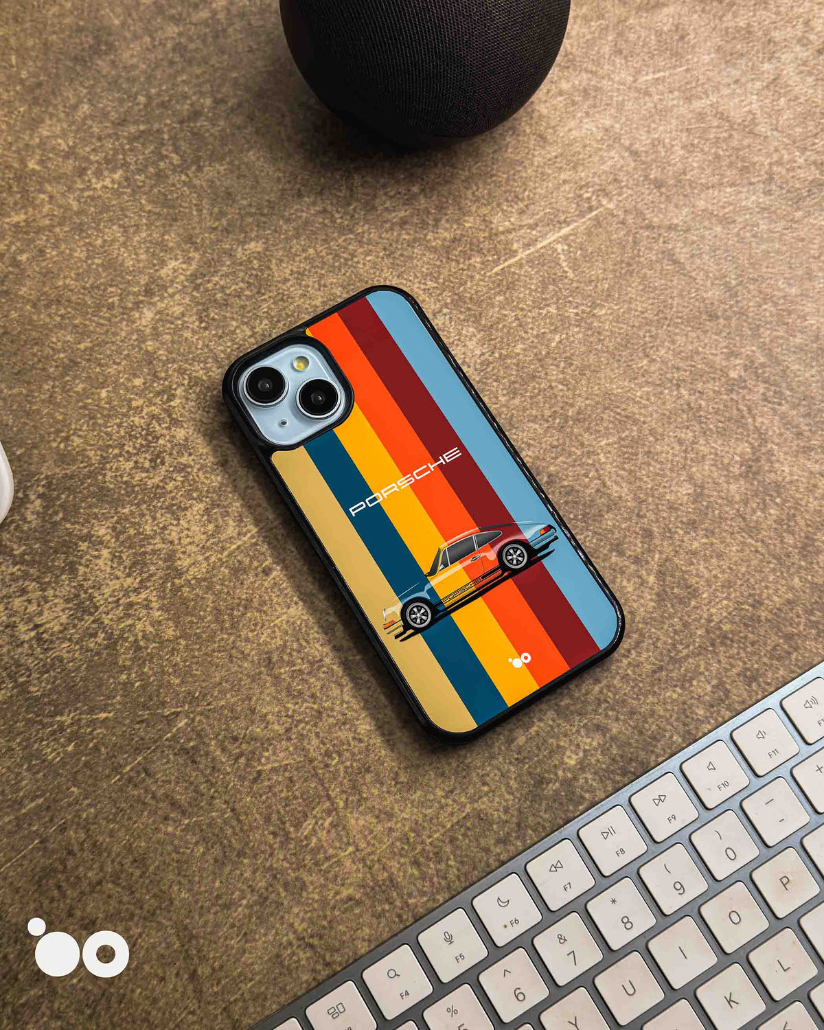 Heritage Stripe Porsche iPhone case featuring a classic 911 sports car, retro multicolour vertical stripes and Porsche lettering.