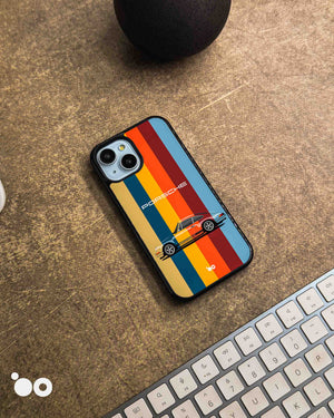 Heritage Stripe Porsche iPhone case featuring a classic 911 sports car, retro multicolour vertical stripes and Porsche lettering.