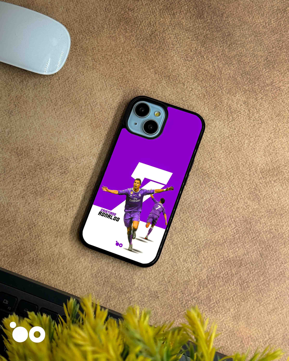 Cristiano Ronaldo Real Madrid iPhone case featuring CR7 in a purple football kit with bold No. 7 artwork