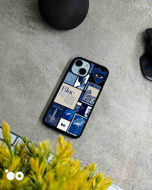 Blue Reverie designer iPhone case featuring a blue aesthetic collage of Rome, New York, floral art and vintage typography.