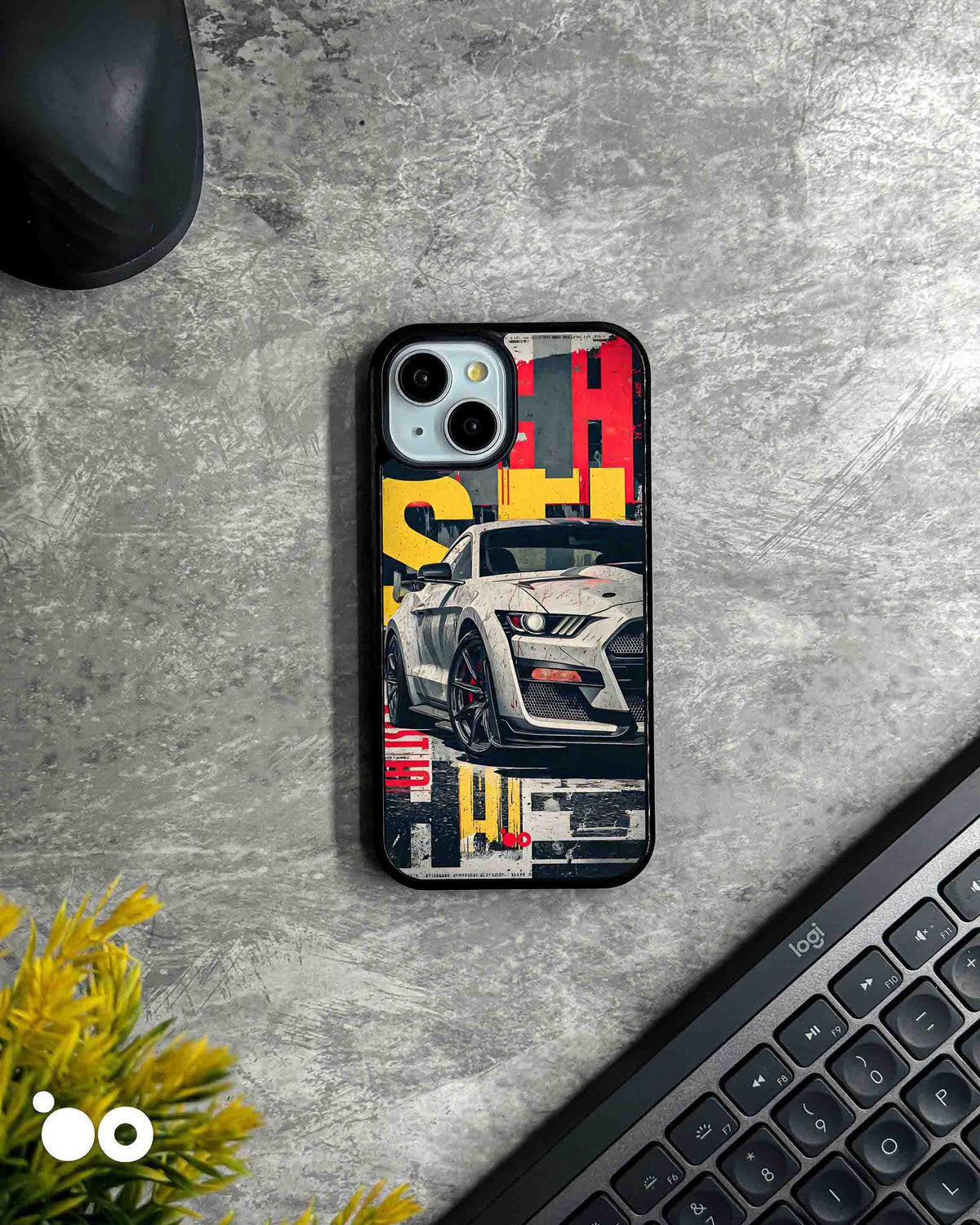 Street Venom iPhone case featuring a white Ford Mustang muscle car with distressed red, yellow and black typography