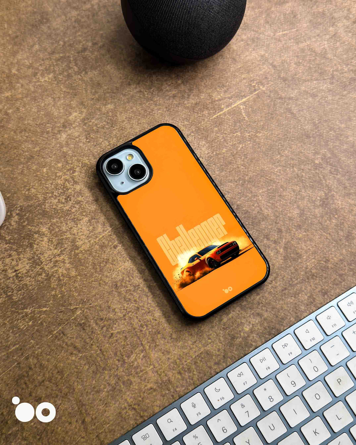 Orange Fury iPhone case featuring an orange Dodge Challenger muscle car, smoky burnout and bold Challenger typography