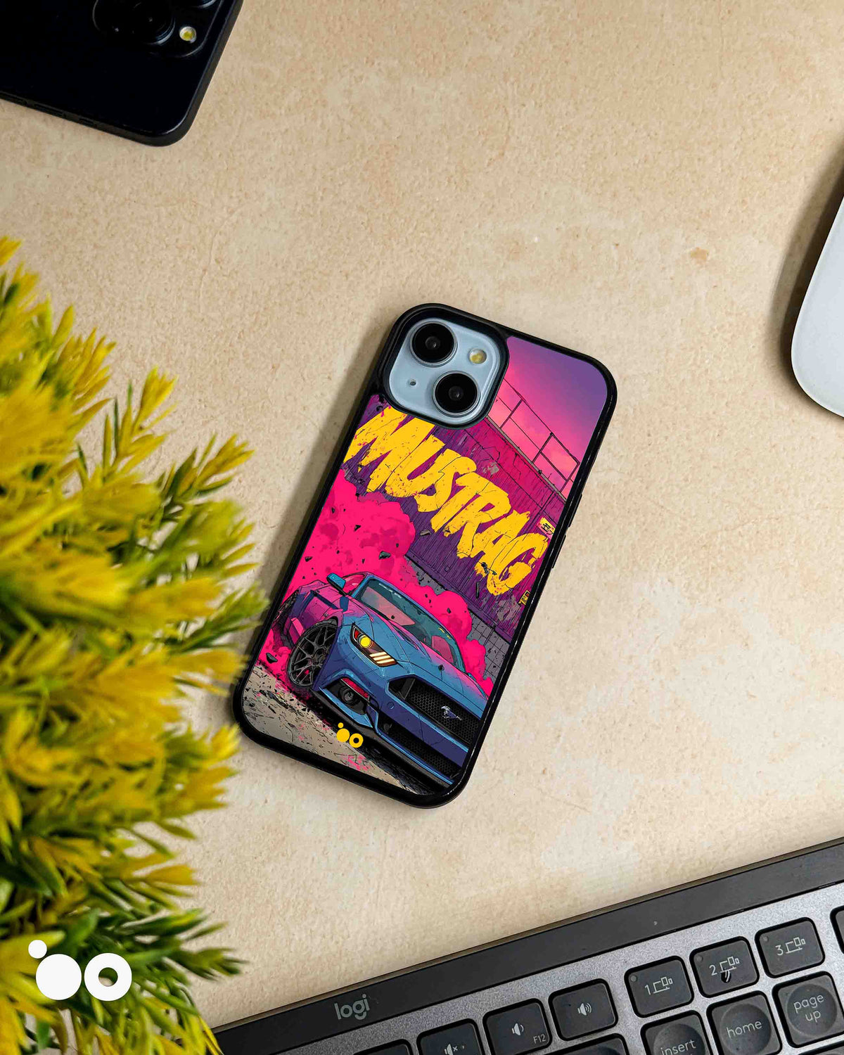 Smoke Rush iPhone case featuring a blue Ford Mustang, vibrant pink smoke and distressed yellow Mustang typography