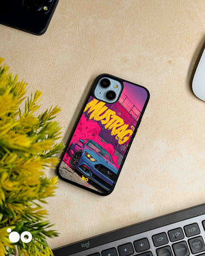Smoke Rush iPhone case featuring a blue Ford Mustang, vibrant pink smoke and distressed yellow Mustang typography