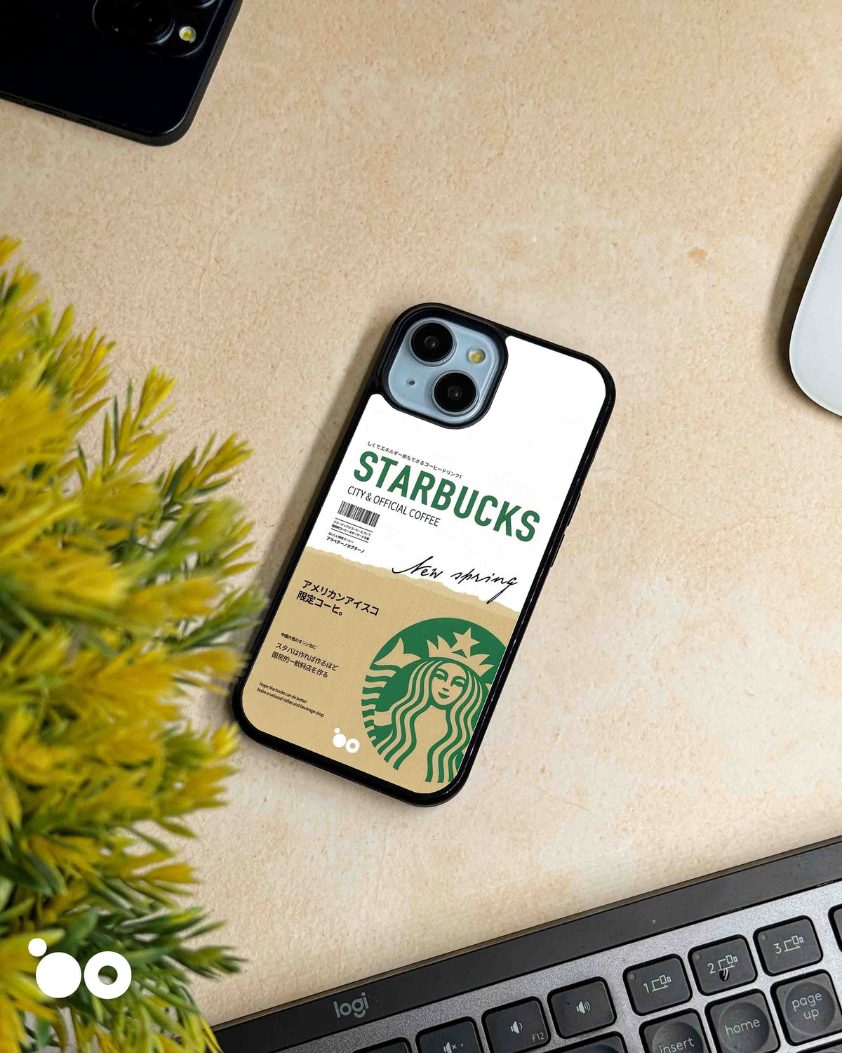 Spring Edition iPhone case artwork with green Starbucks lettering, Japanese text, spring script and siren logo on beige