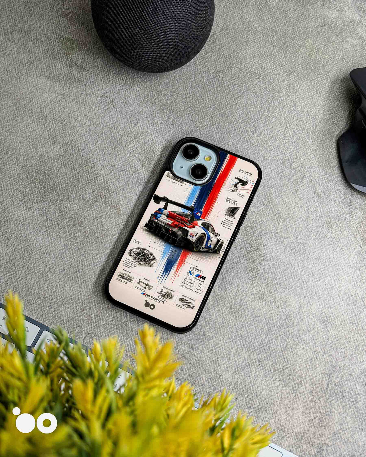 BMW M Motorsport Blueprint iPhone case featuring a BMW race car, technical diagrams and signature M racing stripes.