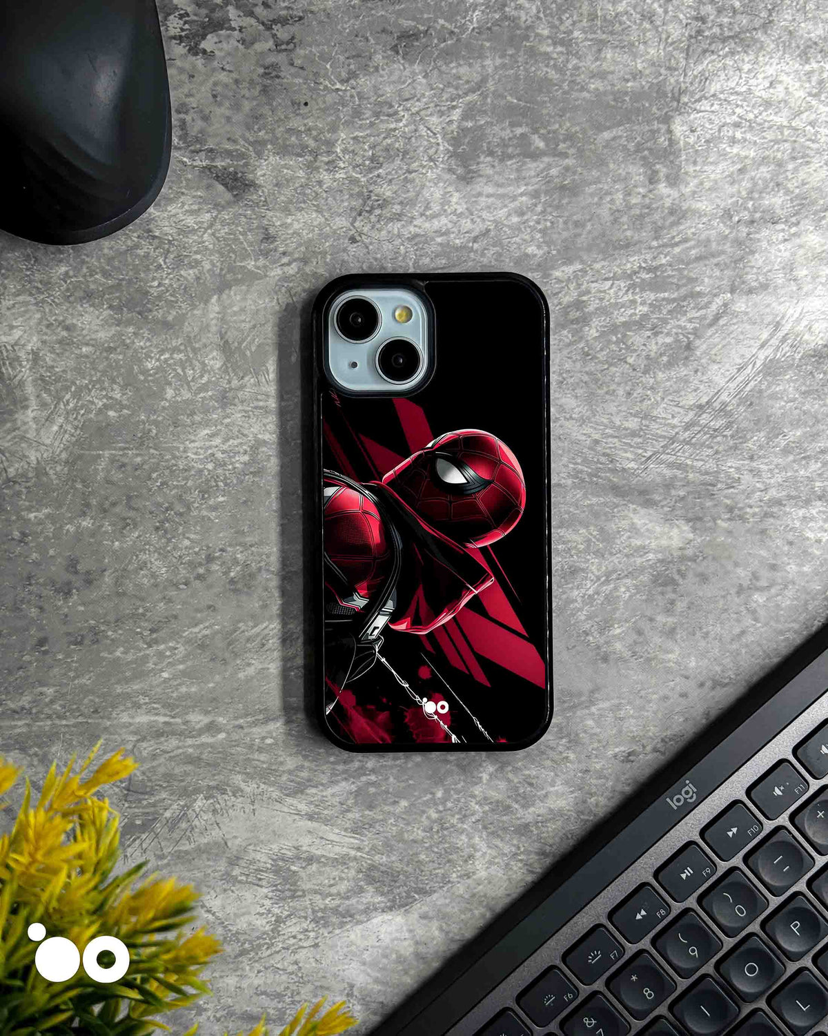 Spider-Man Noir iPhone case featuring a dramatic close-up of Spider-Man in crimson red and black against a dark background.