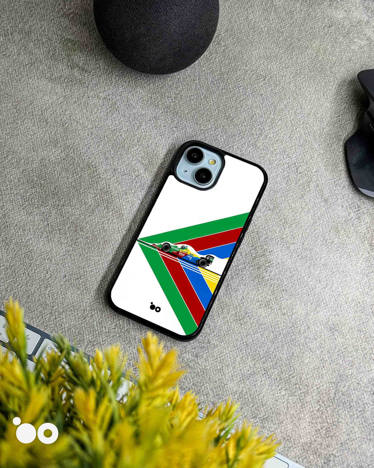 Benetton B194 Formula 1 iPhone case featuring a vintage F1 racing car with green, blue, red and yellow geometric stripes