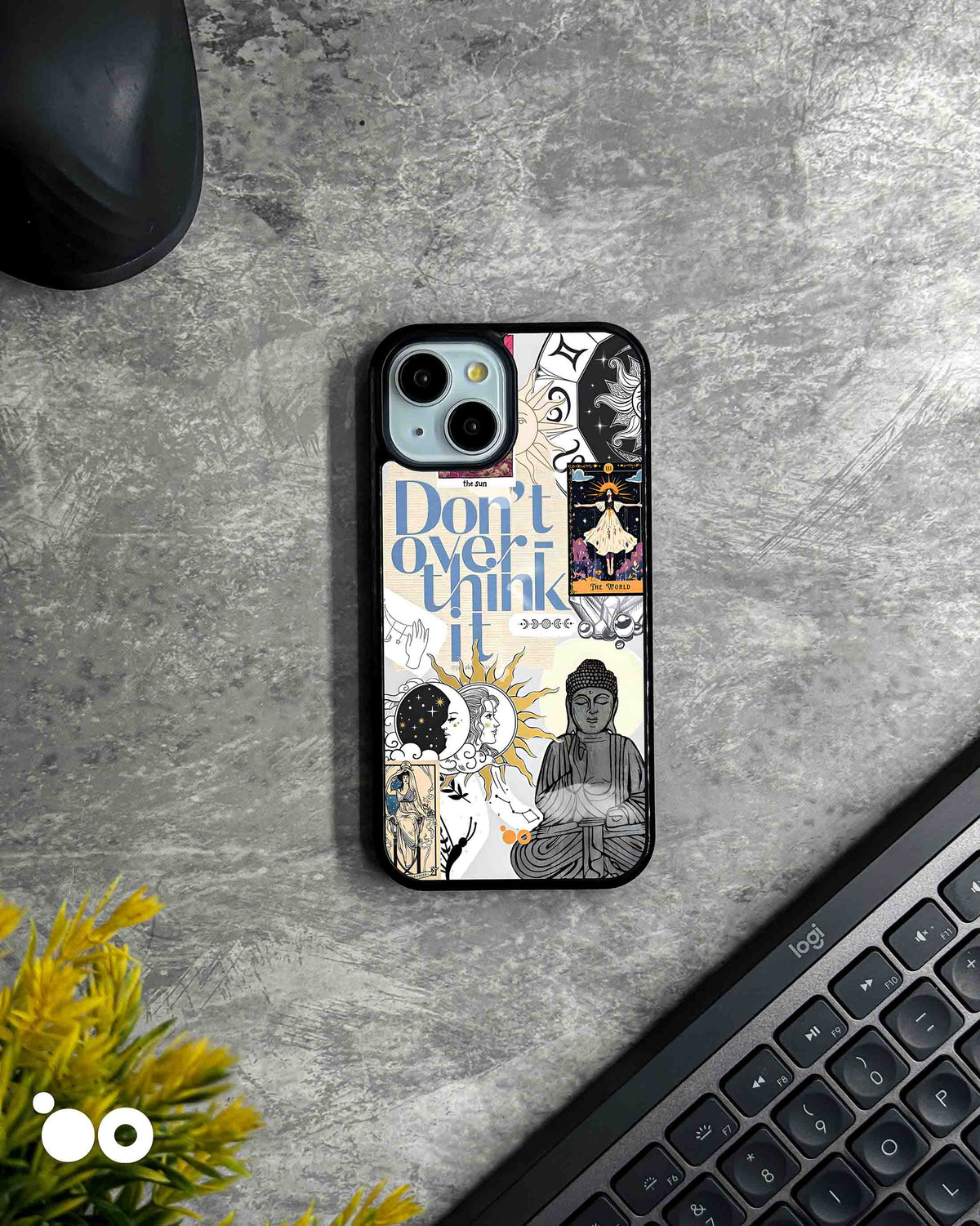 Cosmic Reverie designer iPhone case featuring celestial sun and moon artwork, tarot cards, Buddha and blue typography.