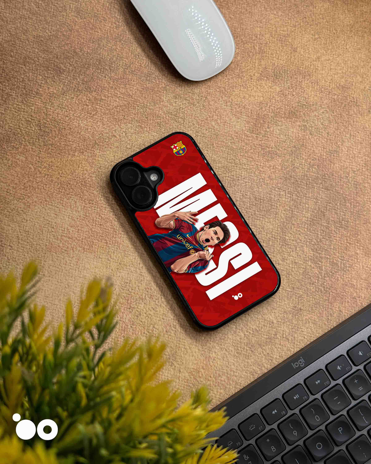 Lionel Messi Barcelona 10 iPhone case with red background, bold white typography and illustrated shirt-pull celebration