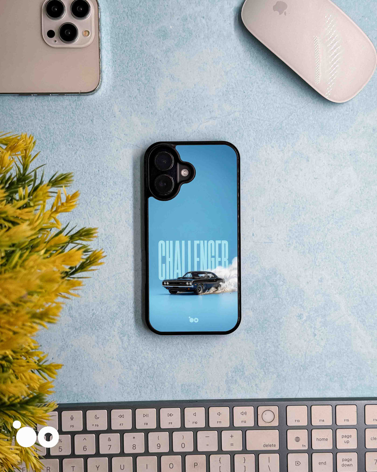 Blue Burnout iPhone case featuring a classic black Dodge Challenger muscle car, smoky burnout and bold typography
