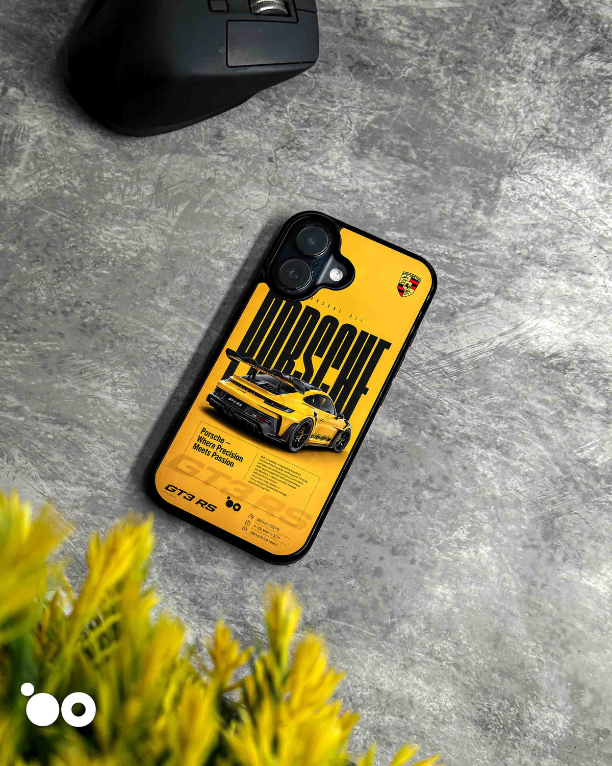 Porsche GT3 RS iPhone case featuring a yellow Porsche 911 GT3 RS in rear three-quarter view, bold black Porsche typography, Porsche crest and motorsport-inspired graphics on a vibrant yellow background.