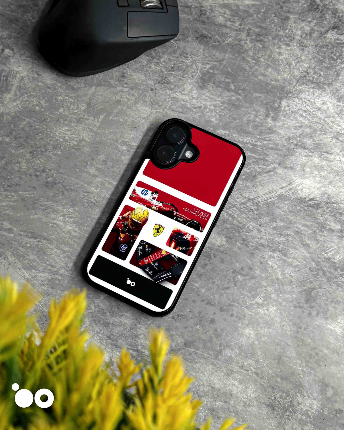 Hamilton in Red iPhone case featuring Lewis Hamilton in Ferrari racing gear, F1 car artwork and red racing collage