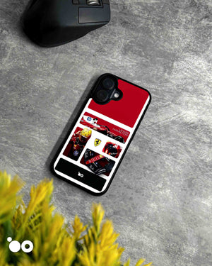 Hamilton in Red iPhone case featuring Lewis Hamilton in Ferrari racing gear, F1 car artwork and red racing collage