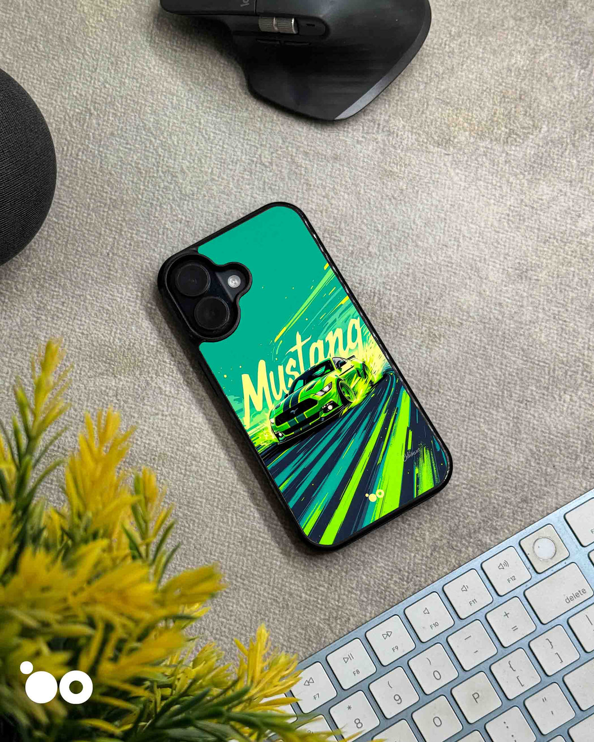 Neon Stallion iPhone case featuring a vivid green Ford Mustang, bold Mustang lettering and dynamic teal racing graphics