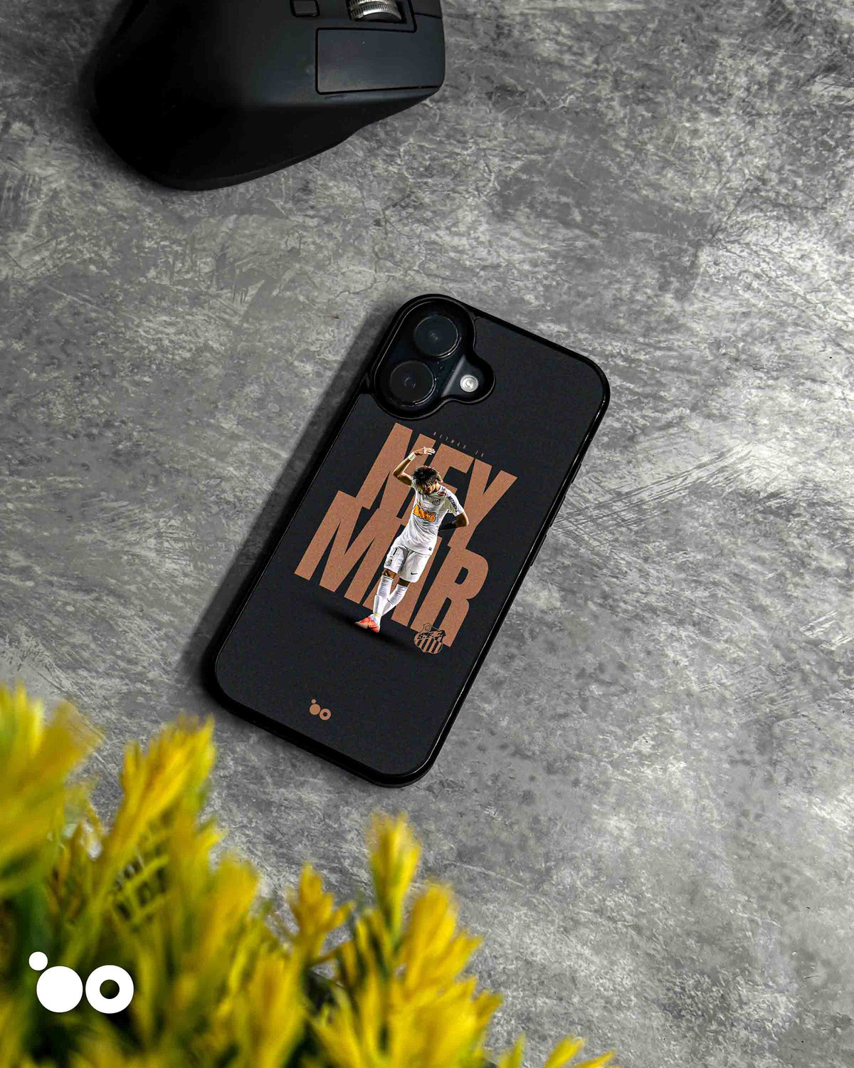 Neymar Santos Legacy iPhone case featuring Neymar Jr in a white Santos FC kit with bronze typography on a dark background