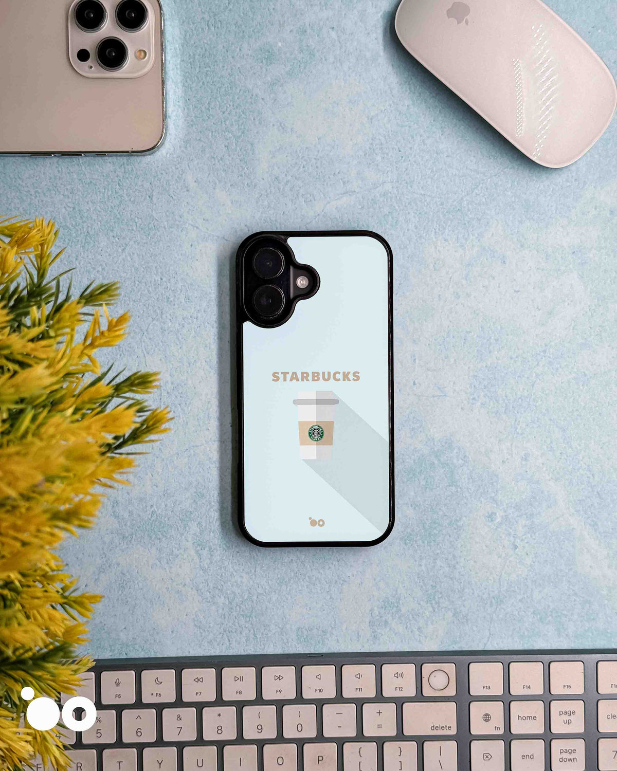 Coffee in Perspective iPhone case design with a Starbucks takeaway cup, beige lettering and diagonal shadow on pale blue
