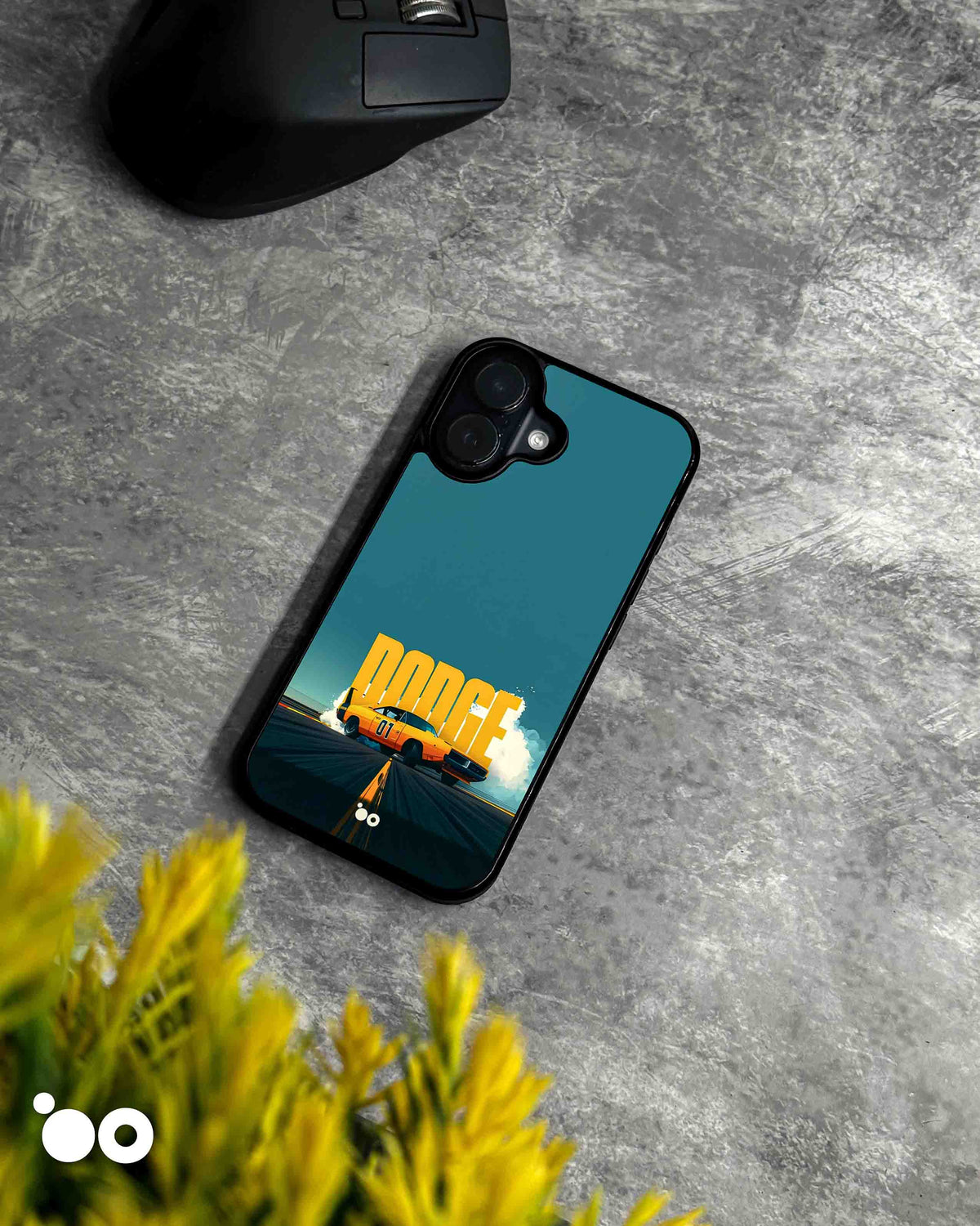 Highway 01 iPhone case featuring an orange Dodge muscle car drifting beneath bold Dodge lettering on a teal backdrop